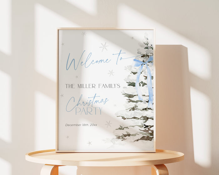 Blue Bow Christmas Party Welcome Sign