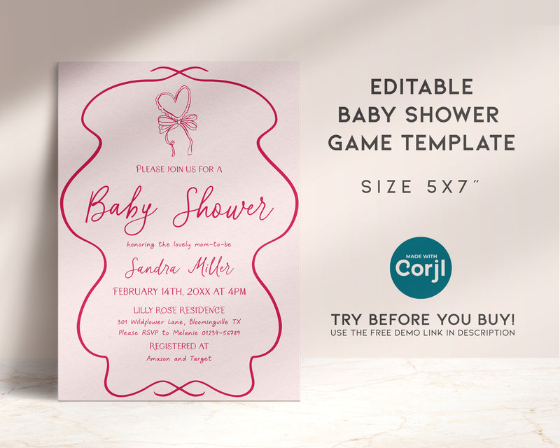 Hand Drawn Pink Bow Baby Shower Invitation