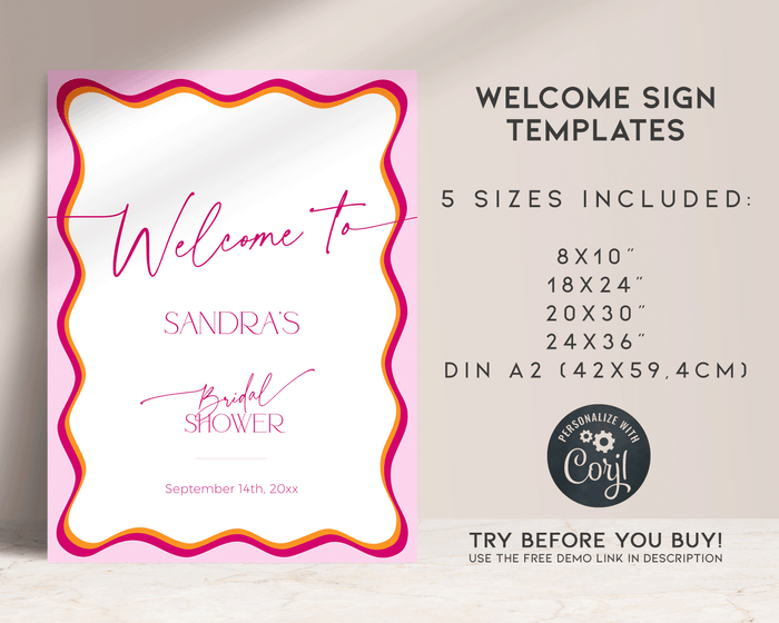 Pink Wavy Border Bridal Shower Welcome Sign