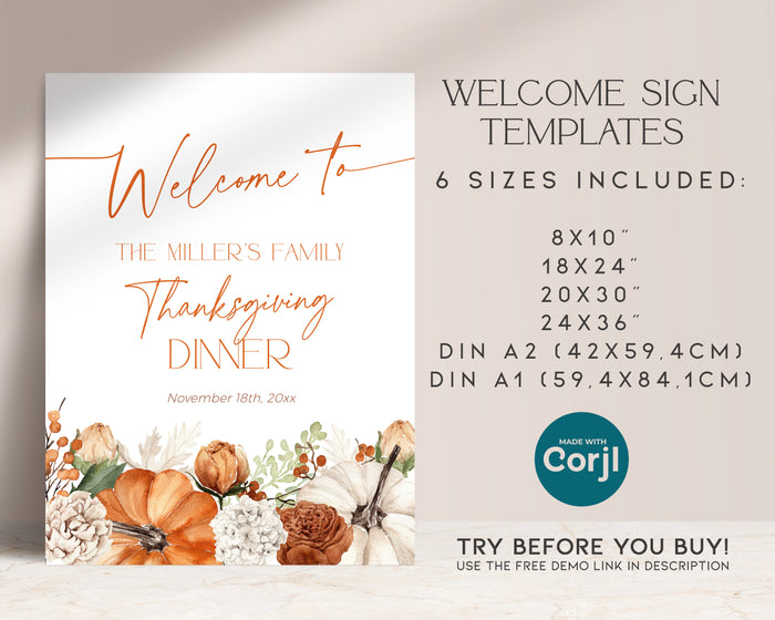 Floral Pumpkin Thanksgiving Dinner Welcome Sign