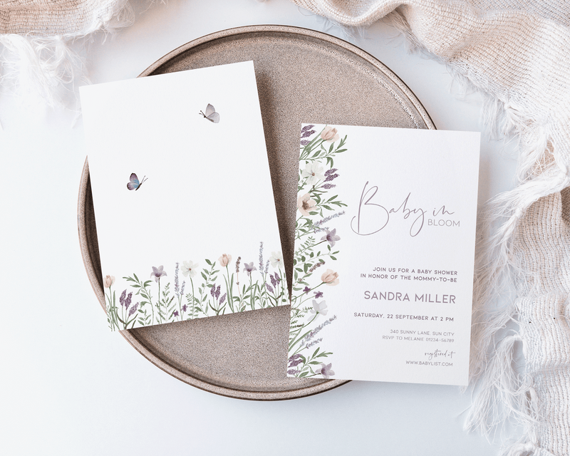 Elegant lavender baby shower invite for digital or printed use.