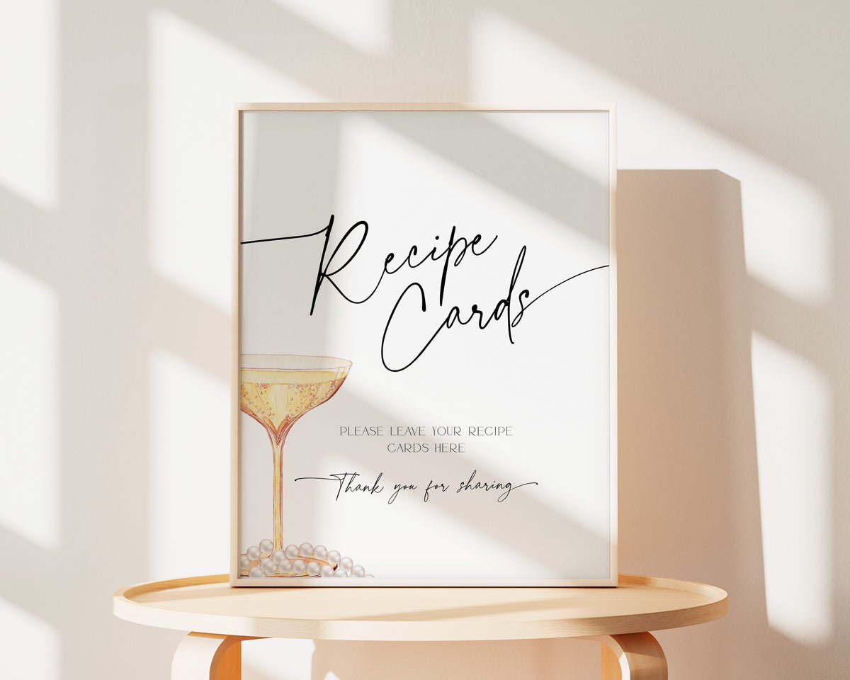 Printable Pearls and Prosecco recipe sign in champagne theme.