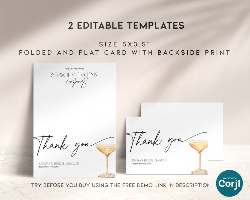 Digital Pearls and Prosecco thank you card shown on screen – instant download and customizable.