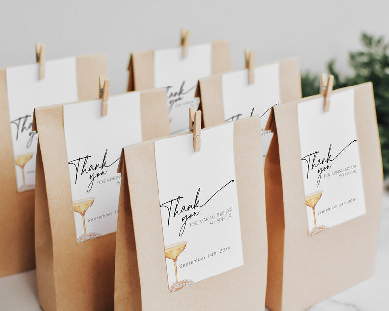 Editable bridal shower favor tag with champagne theme – modern Pearls and Prosecco design.