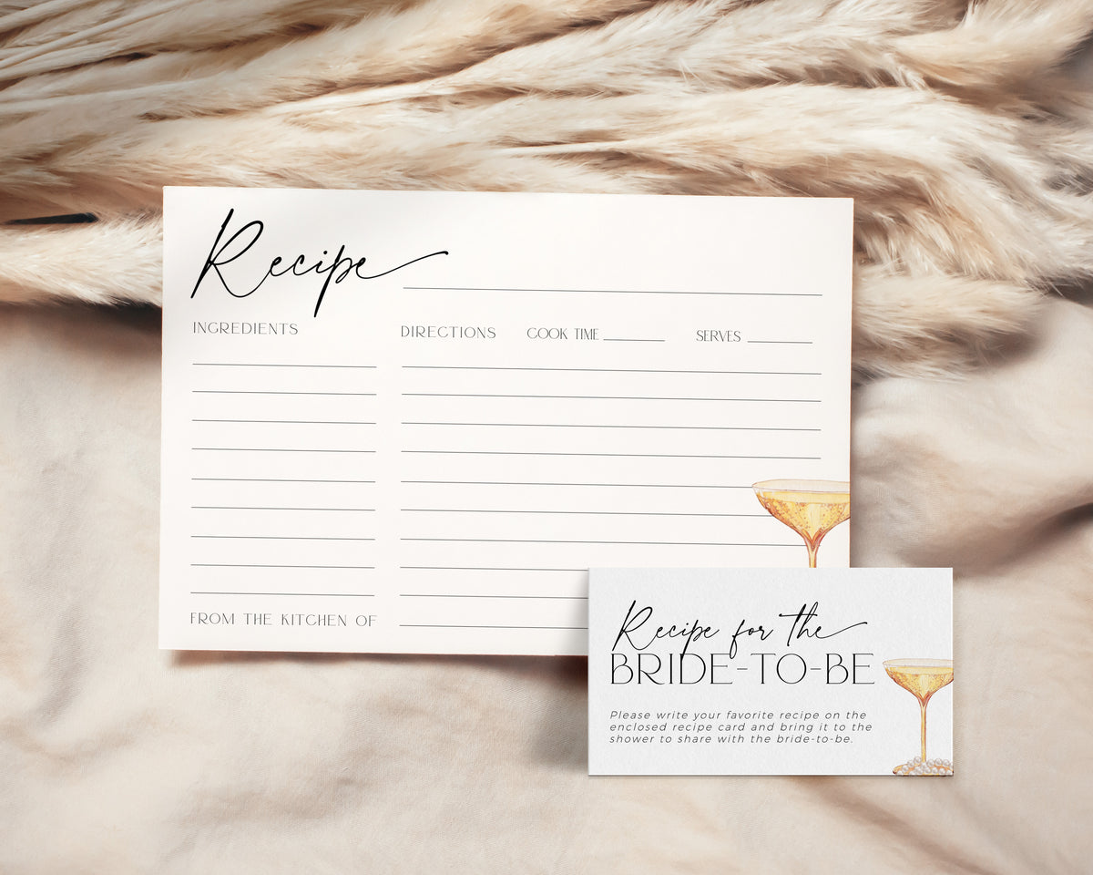 Editable bridal shower recipe card in champagne and pearl theme.