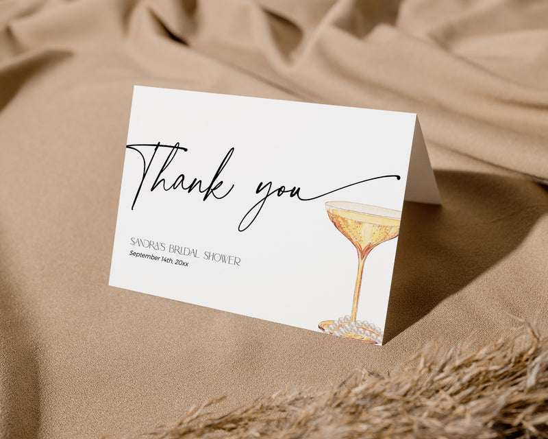 Editable thank you card with bridal theme – modern Pearls and Prosecco design detail.