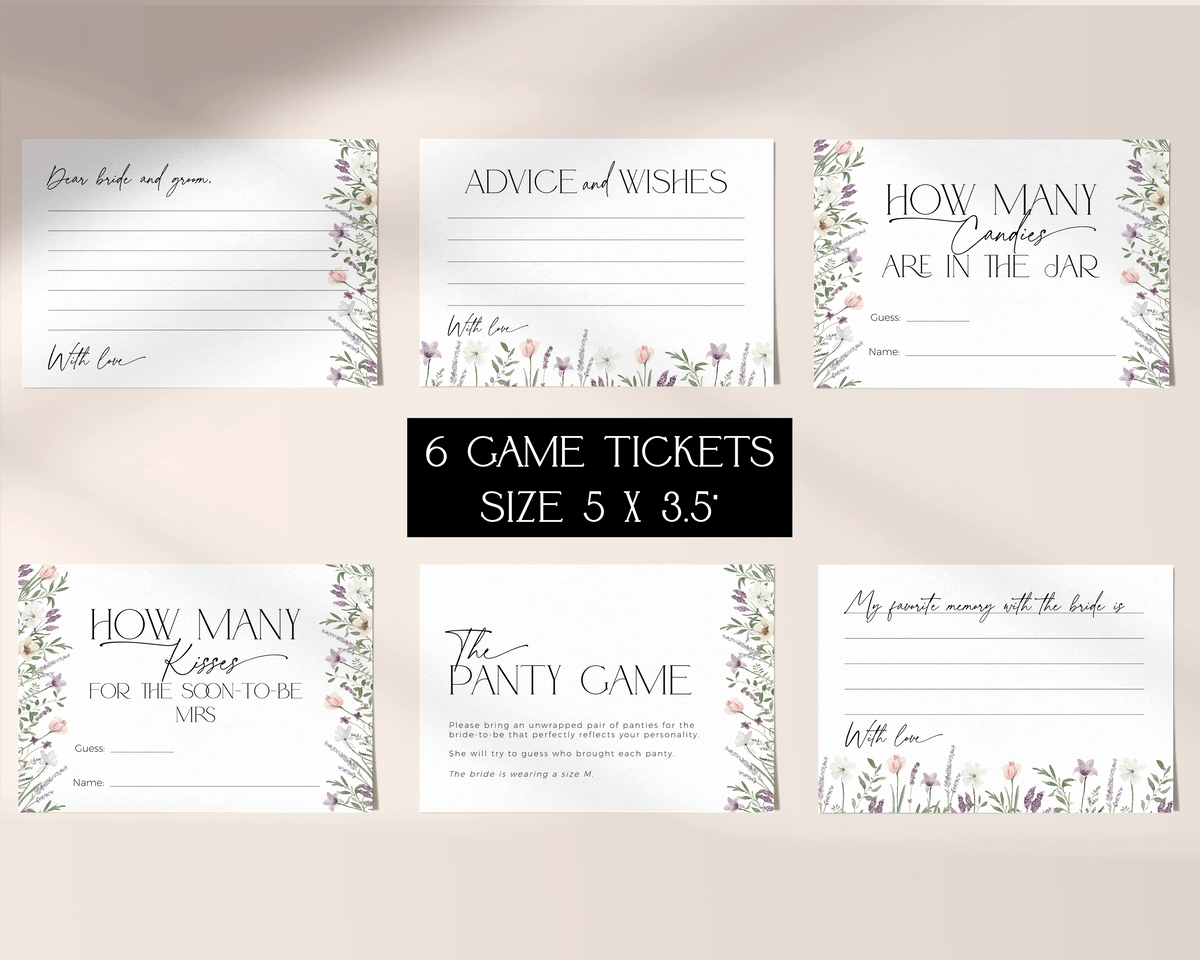 Digital download of floral bridal shower games in lavender style.