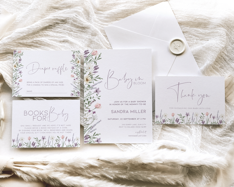 Editable lavender baby shower invitation bundle with floral illustrations.
