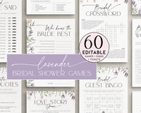 Printable lavender bridal shower games bundle with elegant floral theme.
