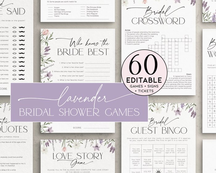 Printable lavender bridal shower games bundle with elegant floral theme.
