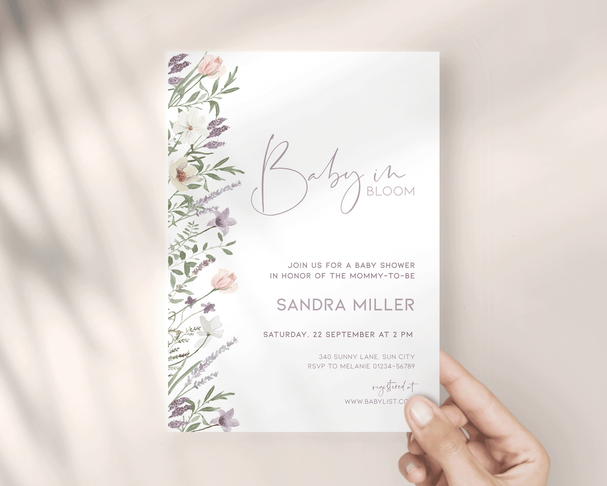Customizable lavender invitation template for baby shower celebration.