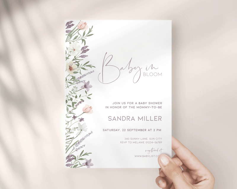 Customizable lavender invitation template for baby shower celebration.