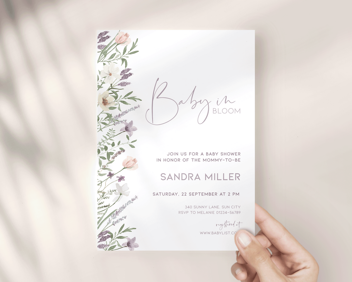 Full bundle of baby shower templates in lavender and floral style.