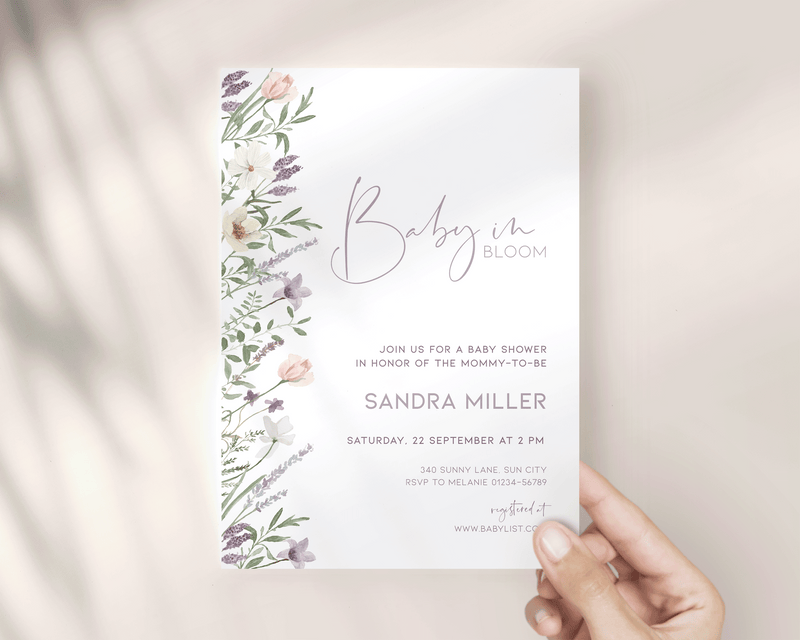 Full bundle of baby shower templates in lavender and floral style.