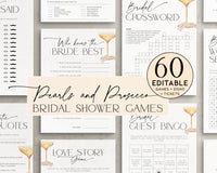 Elegant Pearls and Prosecco bridal shower games bundle – printable and editable party activities for modern brides.