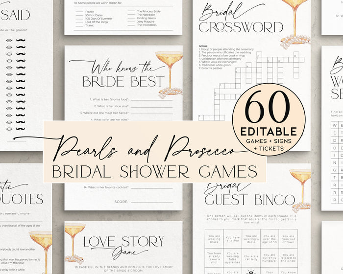 Elegant Pearls and Prosecco bridal shower games bundle – printable and editable party activities for modern brides.