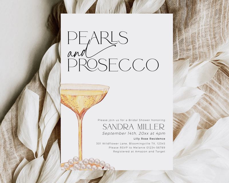 Elegant Pearls and Prosecco bridal shower invitation with champagne glass and pearls – fully editable digital template.