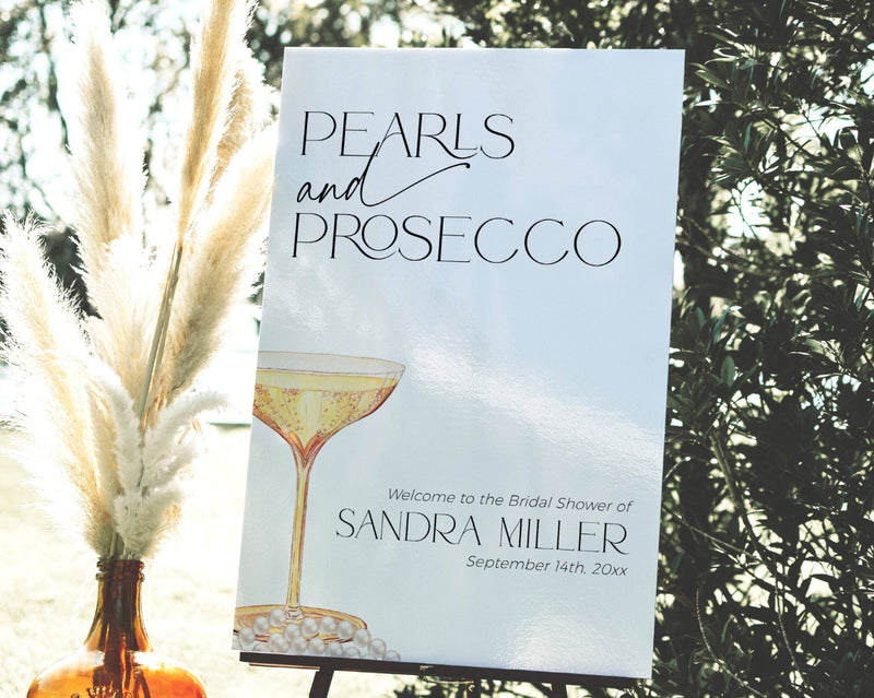 Editable Pearls and Prosecco bridal shower welcome sign with champagne and pearls – printable design.