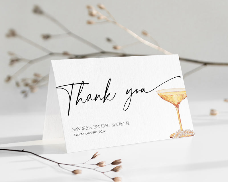 Elegant Pearls and Prosecco thank you card with champagne glass and pearls – printable and editable template.