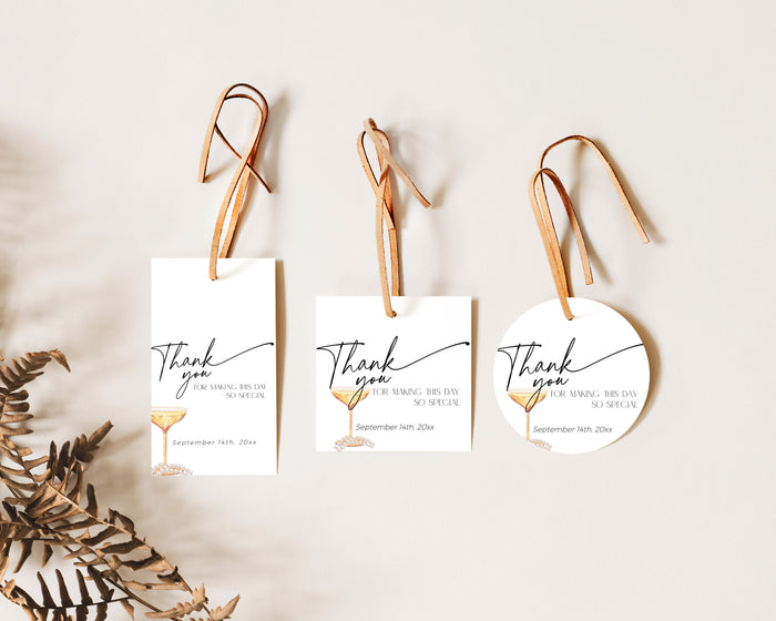 Printable Pearls and Prosecco thank you tag with elegant champagne and pearls design – editable favor tag.