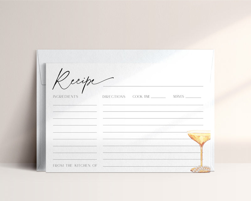 Recipe card template with elegant champagne glass and pearls design.