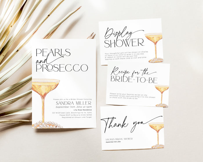Complete Pearls and Prosecco bridal shower printable bundle overview.