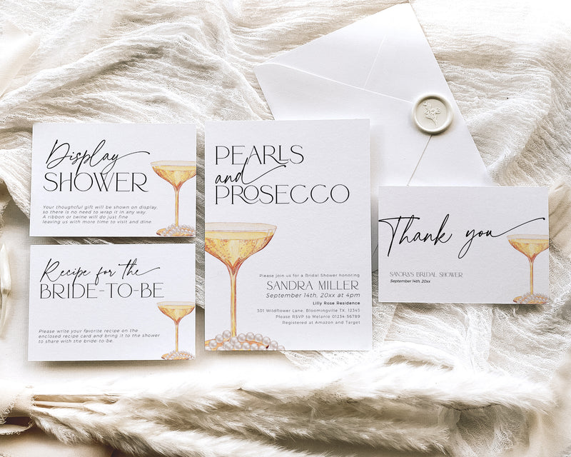 Complete Pearls and Prosecco bridal shower printable bundle overview.
