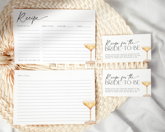 Elegant Pearls and Prosecco recipe card template for bridal showers.