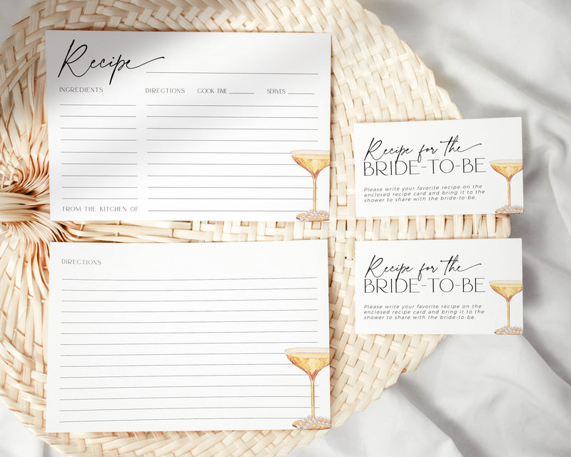 Elegant Pearls and Prosecco recipe card template for bridal showers.