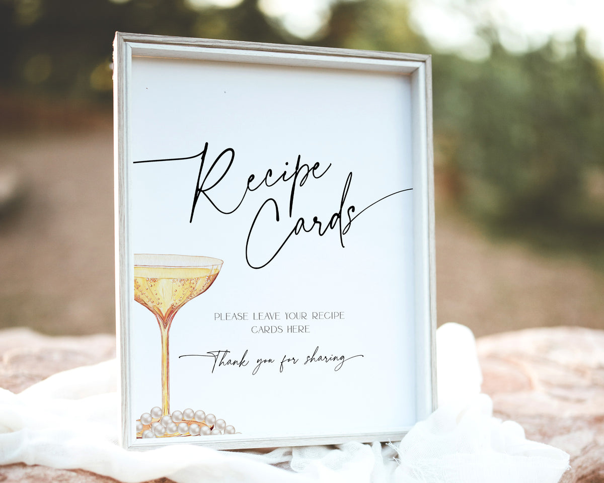 Pearls and Prosecco recipe cards sign for bridal shower table display.