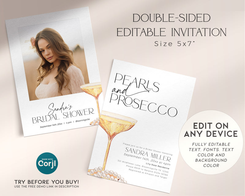 Printable bridal shower invitation with prosecco theme – elegant design shown in print-ready mockup.