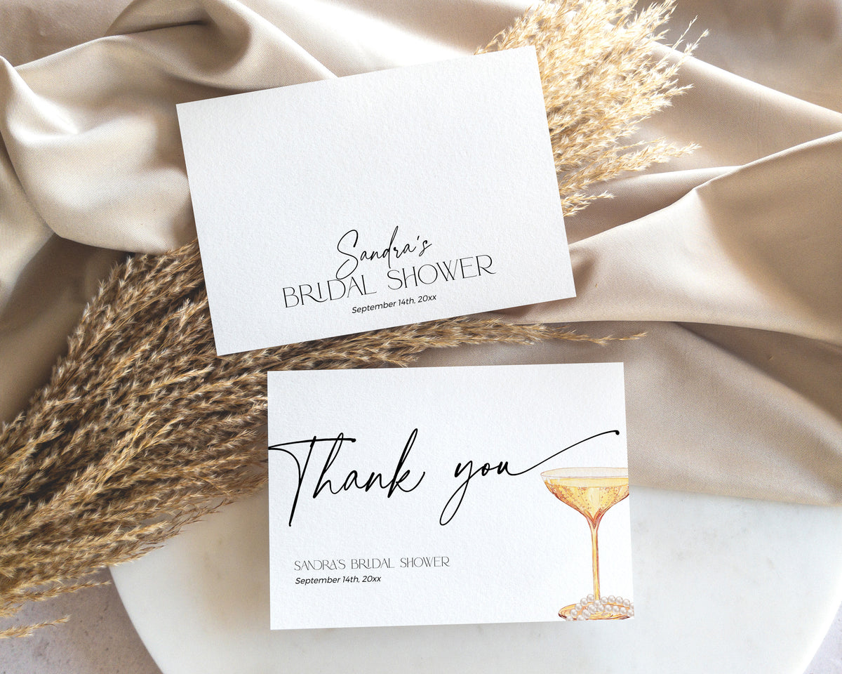 Printable wedding or bridal thank you card with champagne and pearls – stylish and classy layout.