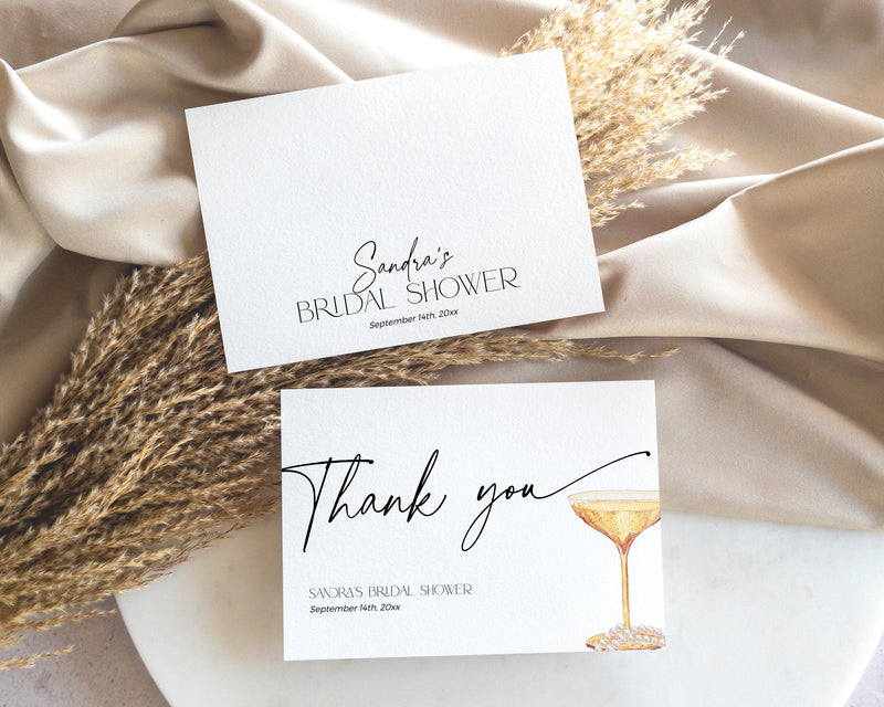 Printable wedding or bridal thank you card with champagne and pearls – stylish and classy layout.