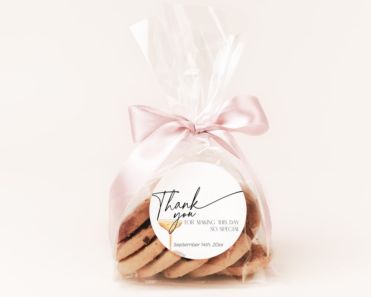 Printable thank you tag attached to wedding or bridal party favor – champagne and pearls design.