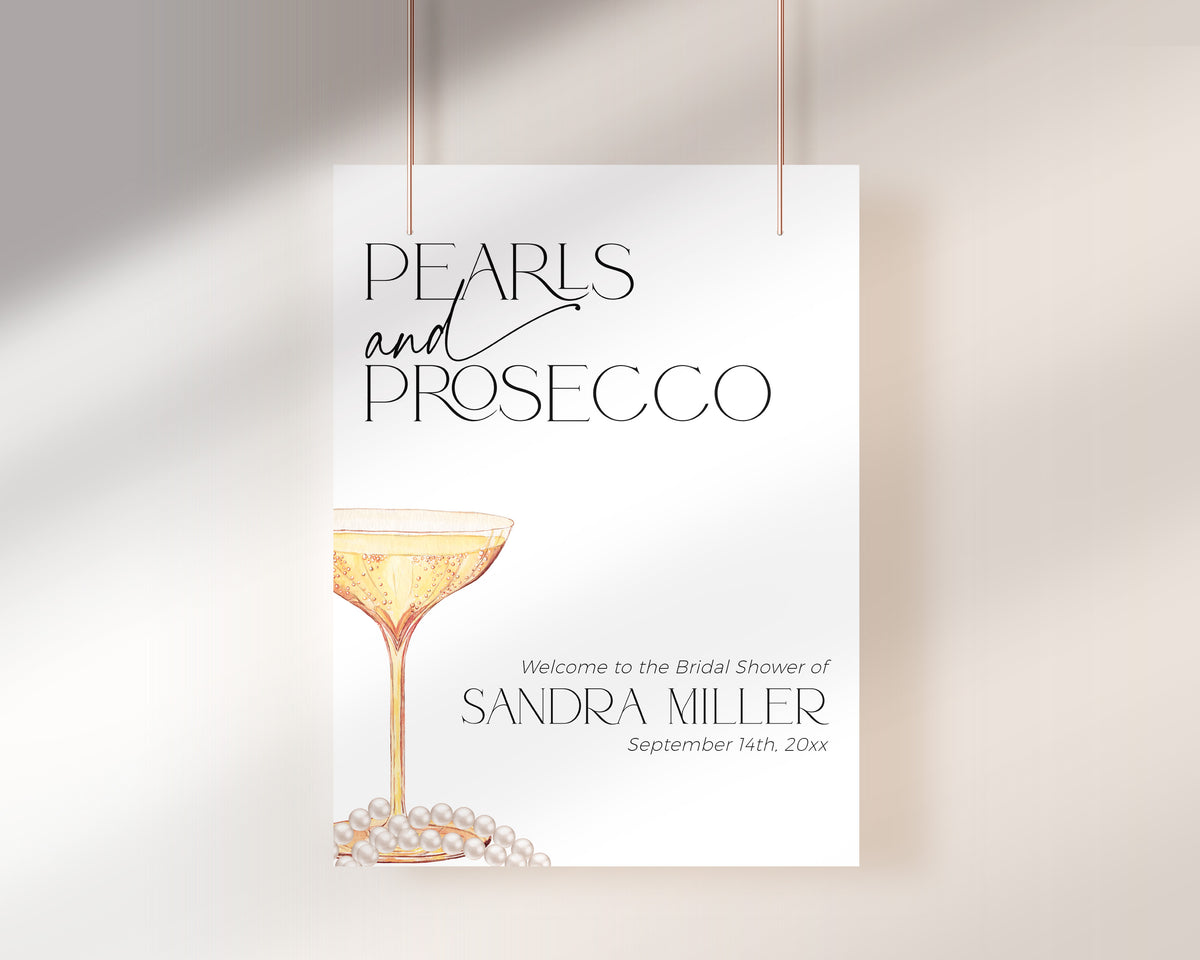 Close-up view of the bridal shower welcome sign text – elegant Pearls and Prosecco layout.