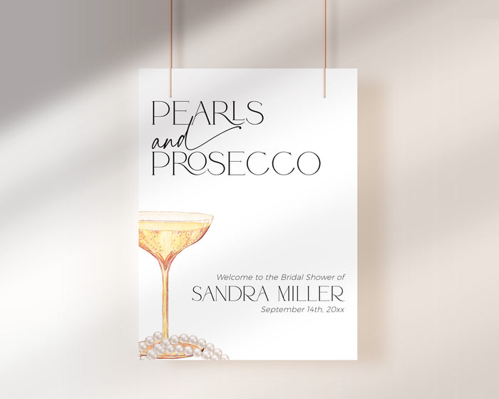 Close-up view of the bridal shower welcome sign text – elegant Pearls and Prosecco layout.