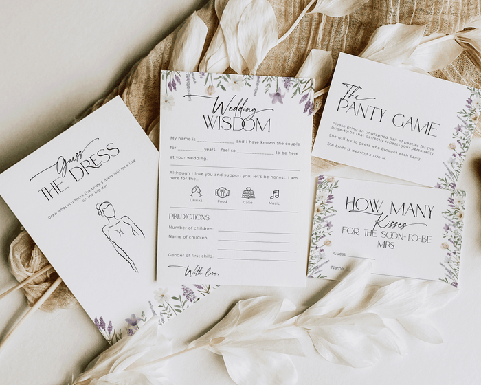 Editable bridal shower game set with soft lavender flowers.