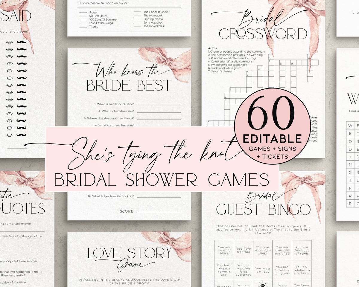 Elegant printable bridal shower games with blush pink design.
