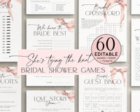 Elegant printable bridal shower games with blush pink design.