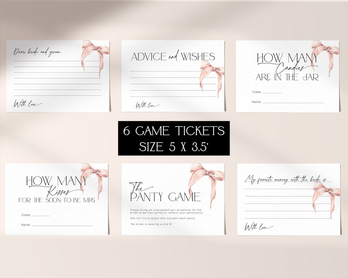 Classy digital game cards for “She is tying the knot” bridal party celebration.
