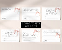 Classy digital game cards for “She is tying the knot” bridal party celebration.