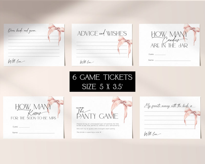 Classy digital game cards for “She is tying the knot” bridal party celebration.