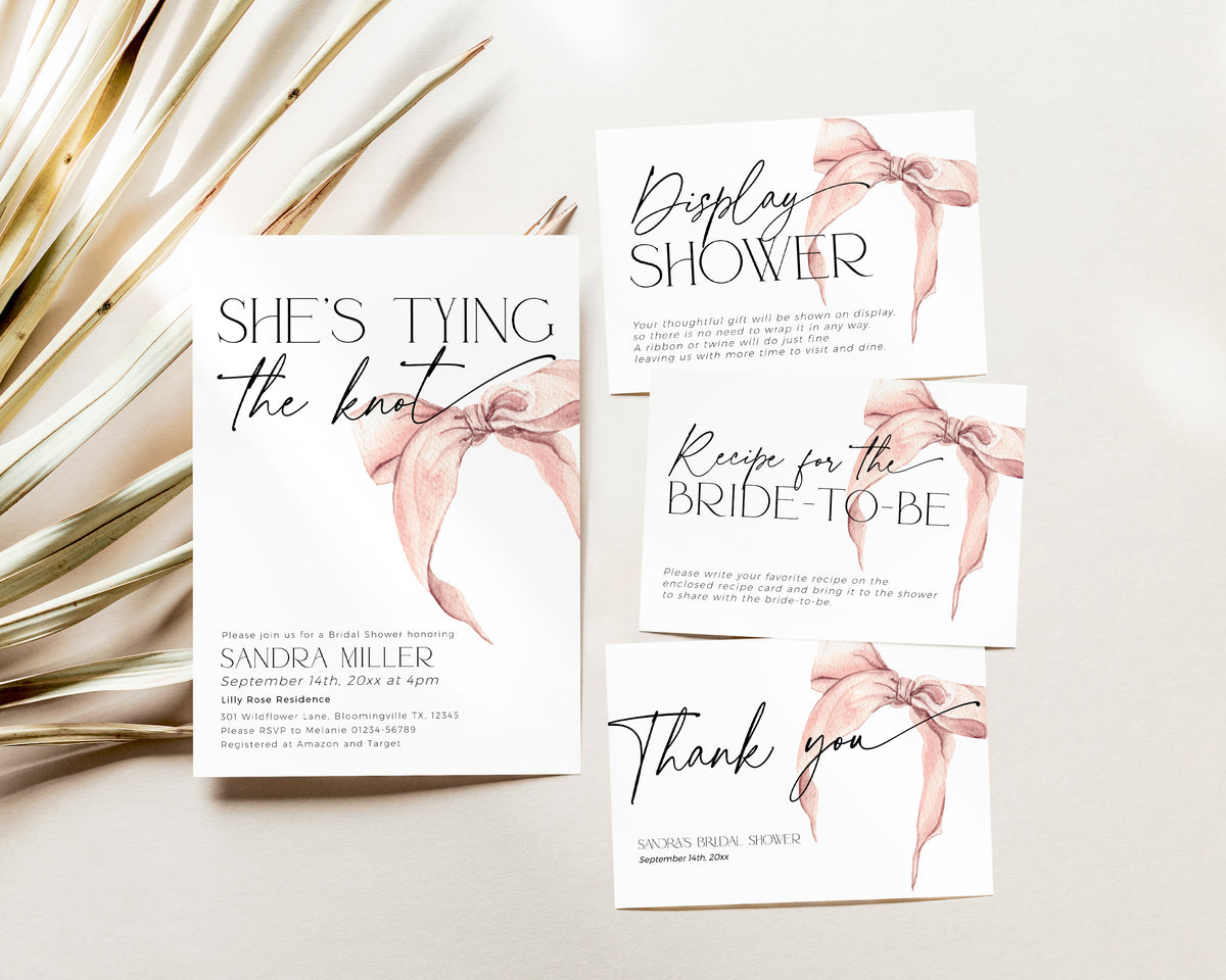 Full overview of She Is Tying the Knot bridal shower invitation bundle.