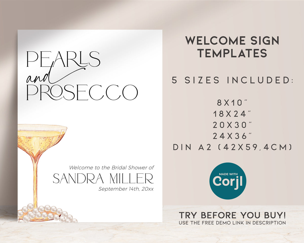 bridal shower welcome sign with elegant prosecco theme.