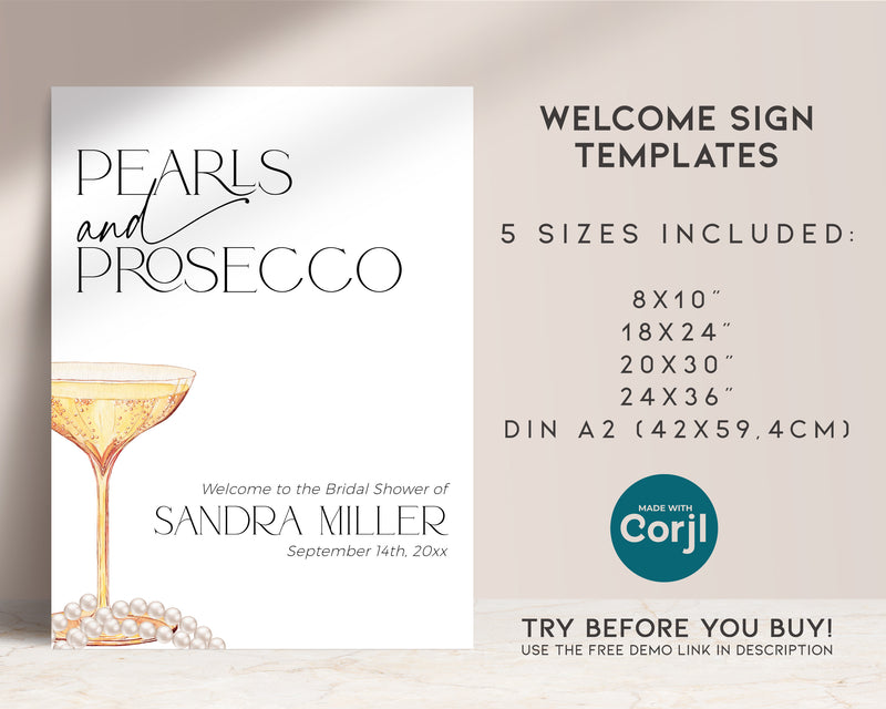 bridal shower welcome sign with elegant prosecco theme.